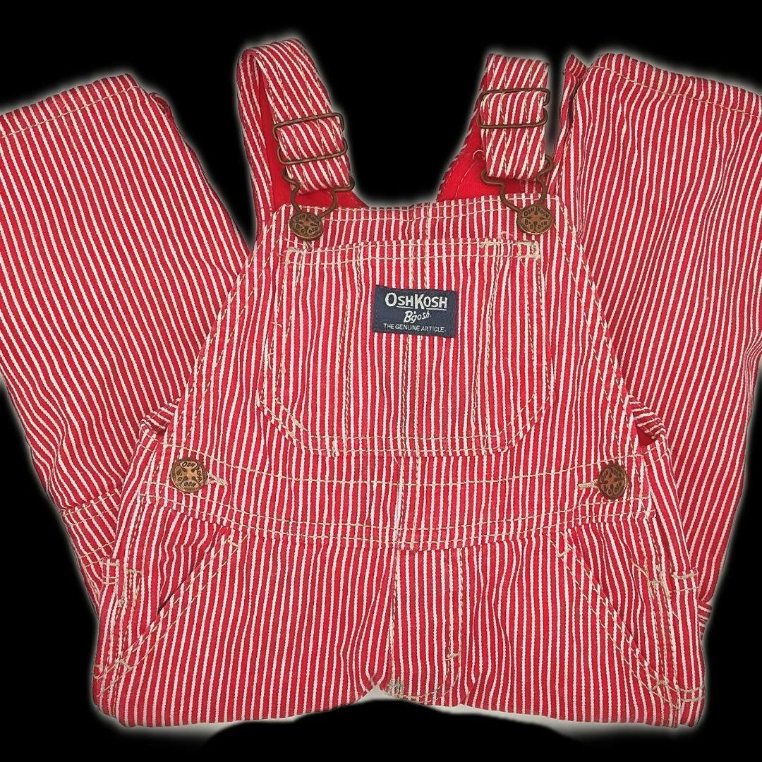 Vtg Oshkosh B'Gosh 24 Months Red White Striped Railroad-Style Overalls 