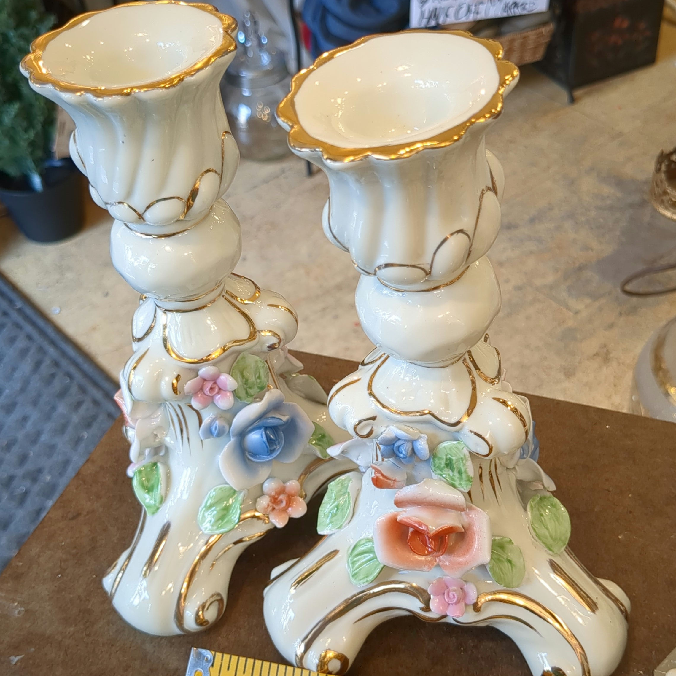 Shabby Chic Style Pr. Candle Holders w/ Gold Detailing & Porcelain Roses 8" Tall