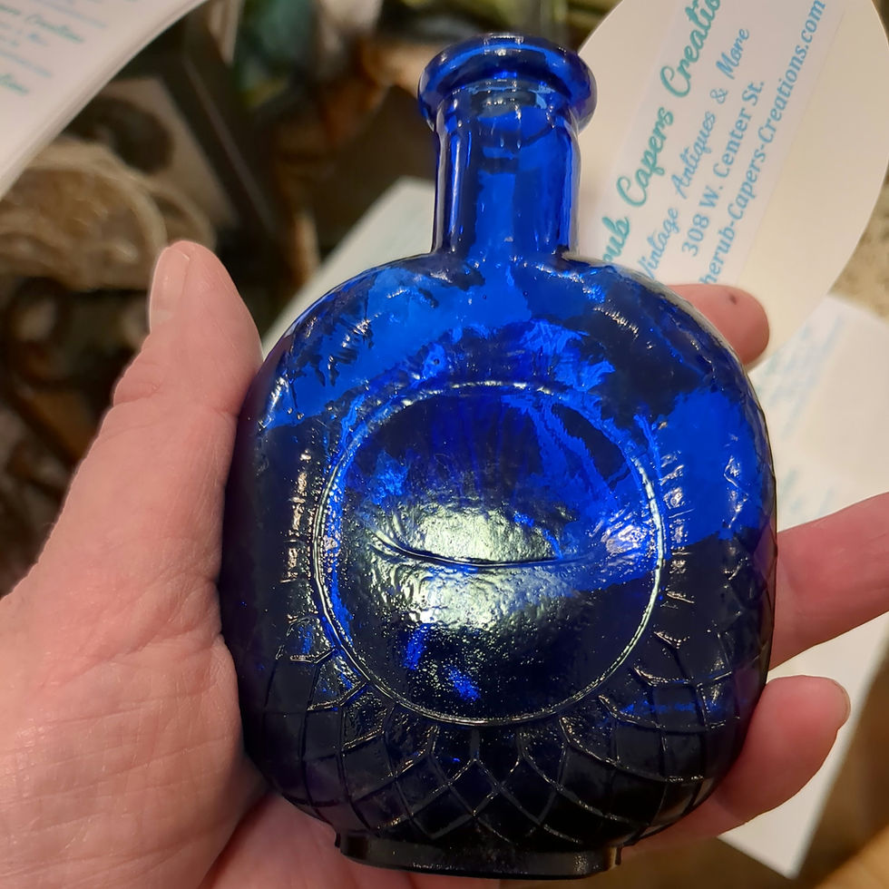 Thumbnail: Vintage 1960's Cobalt Blue 4 1/8" Tall Flower Wheel Pattern Glass Bottle 