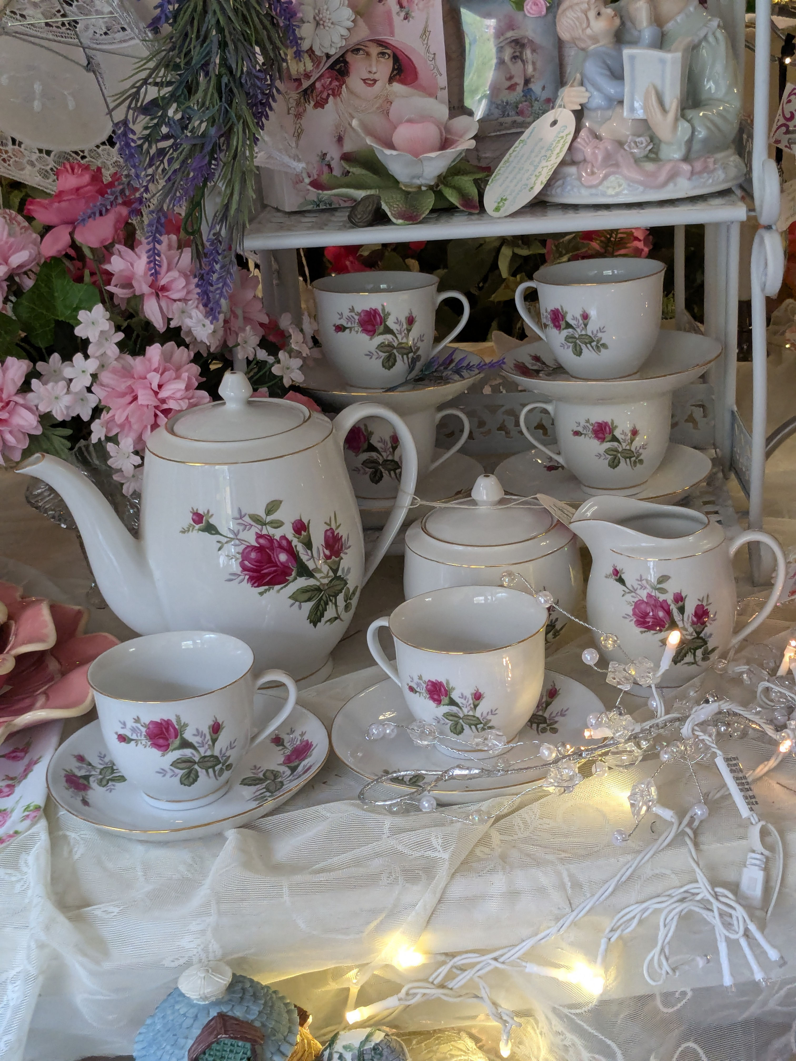 Vintage Noritex China Tea Set 15-Pc Pink Rose & Gold Gilt Complete Service for 6