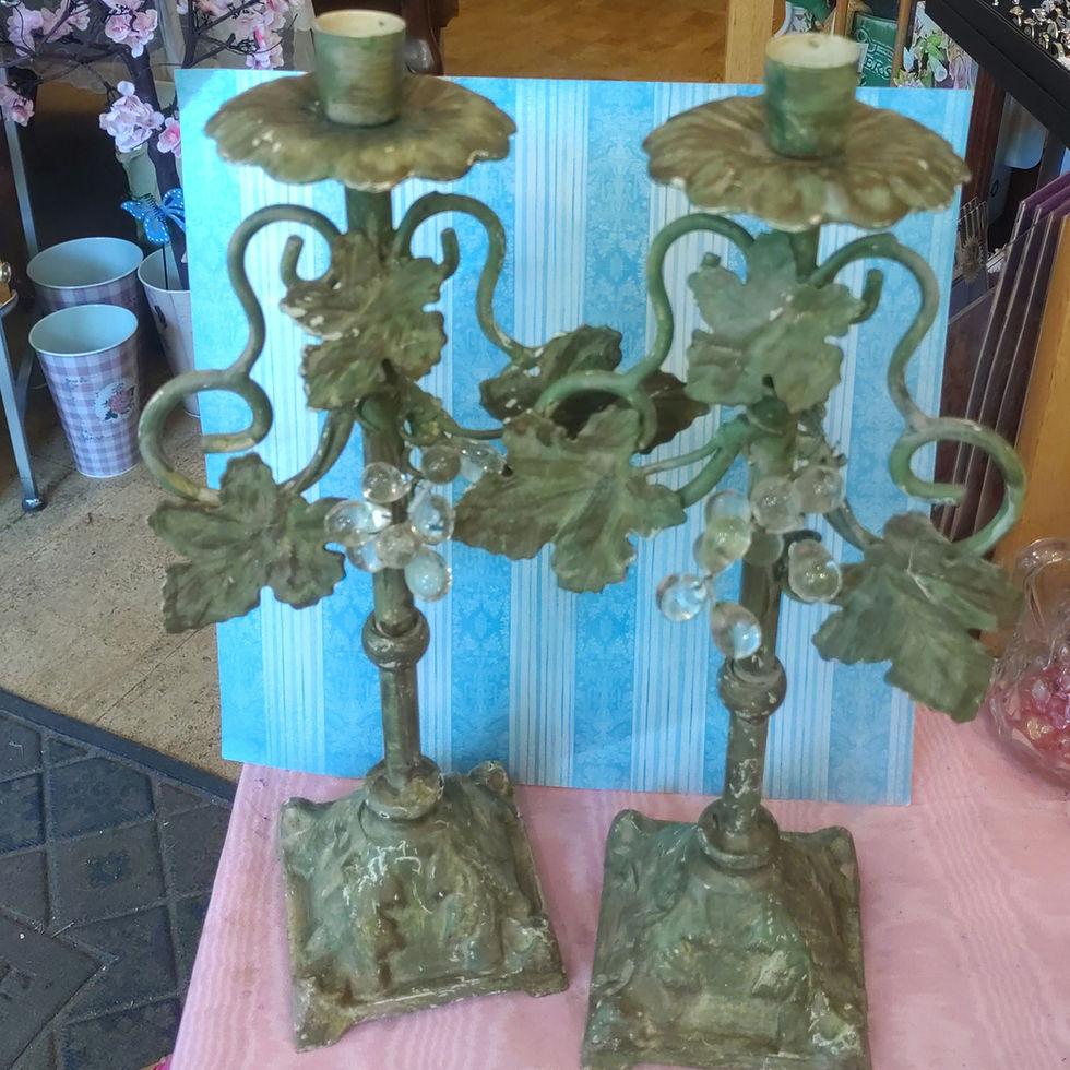 Thumbnail: Vintage Pair of Painted Iron Grapevine Candle Holders w/ Glass Grapes