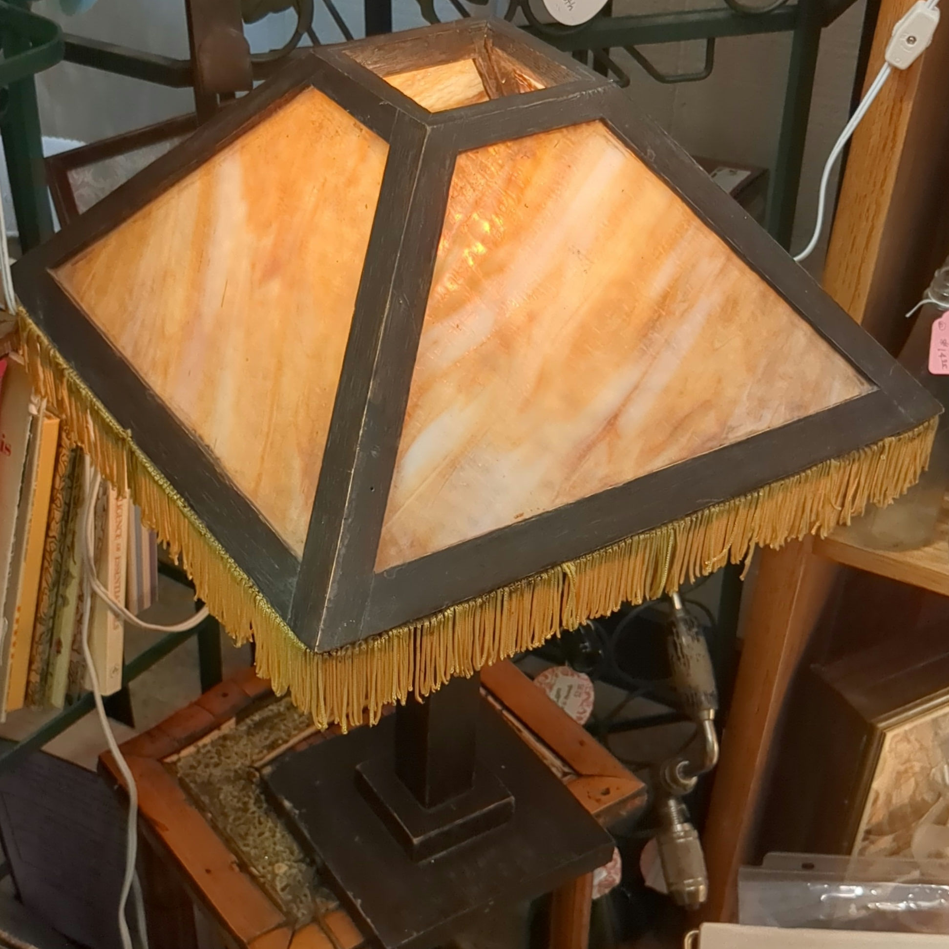 Mission Style Wood Table Lamp | Amber Slag Glass & Gold Fringe Accent Lig