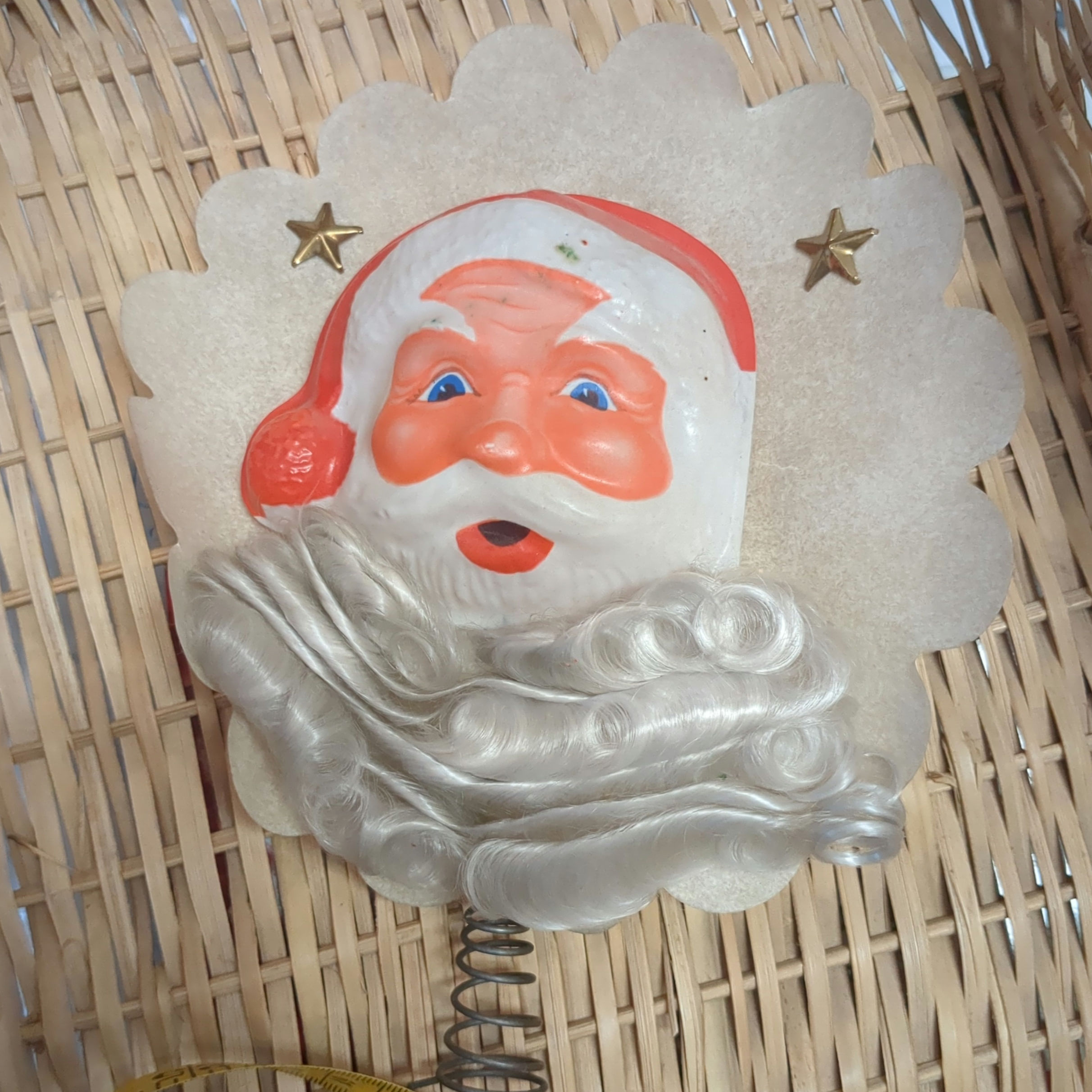 Authentic Vintage 1950s Santa Tree Topper with Celluloid Face & Angel Hair Beard