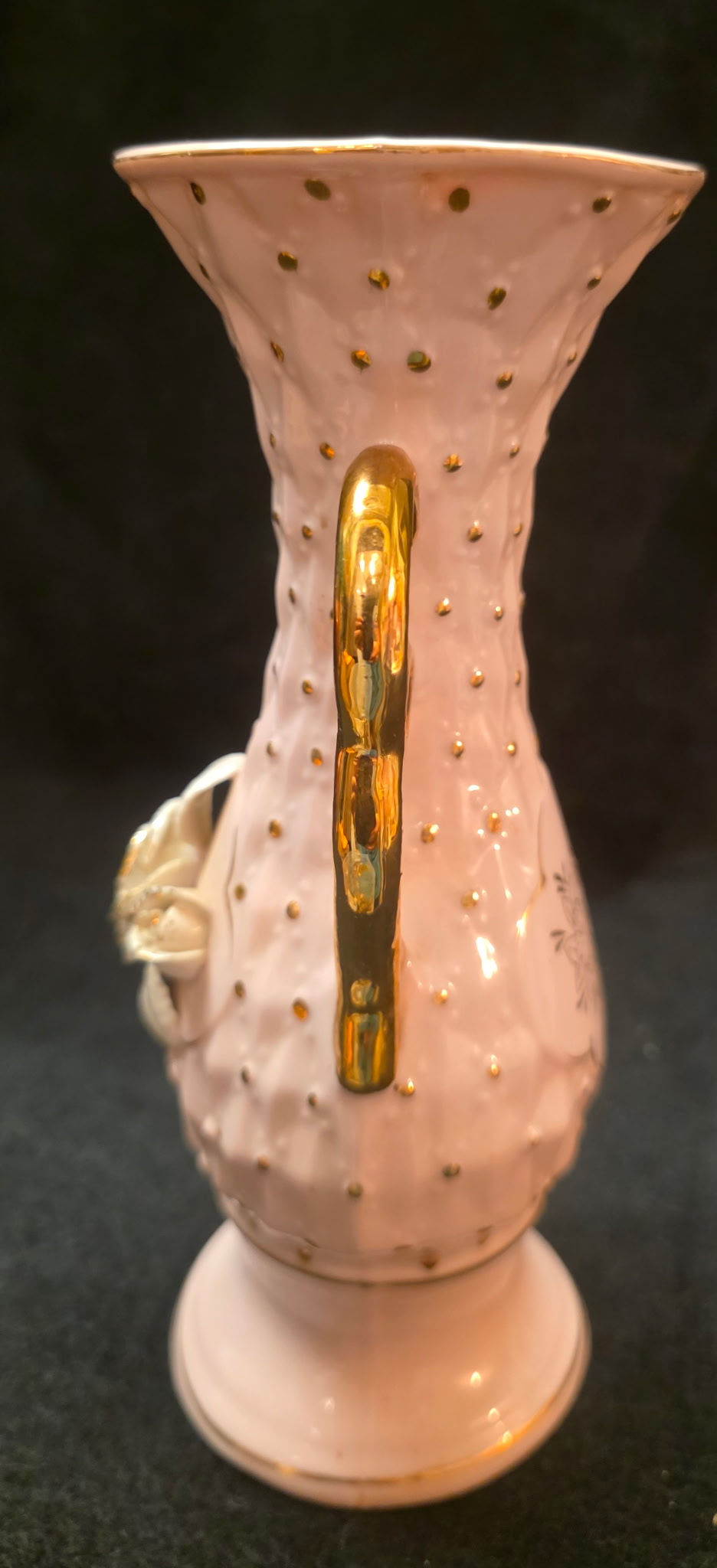 Thumbnail: Vintage Pink Porcelain Bud Vase Gold Dot Applied Rose Mid-Century  7”
