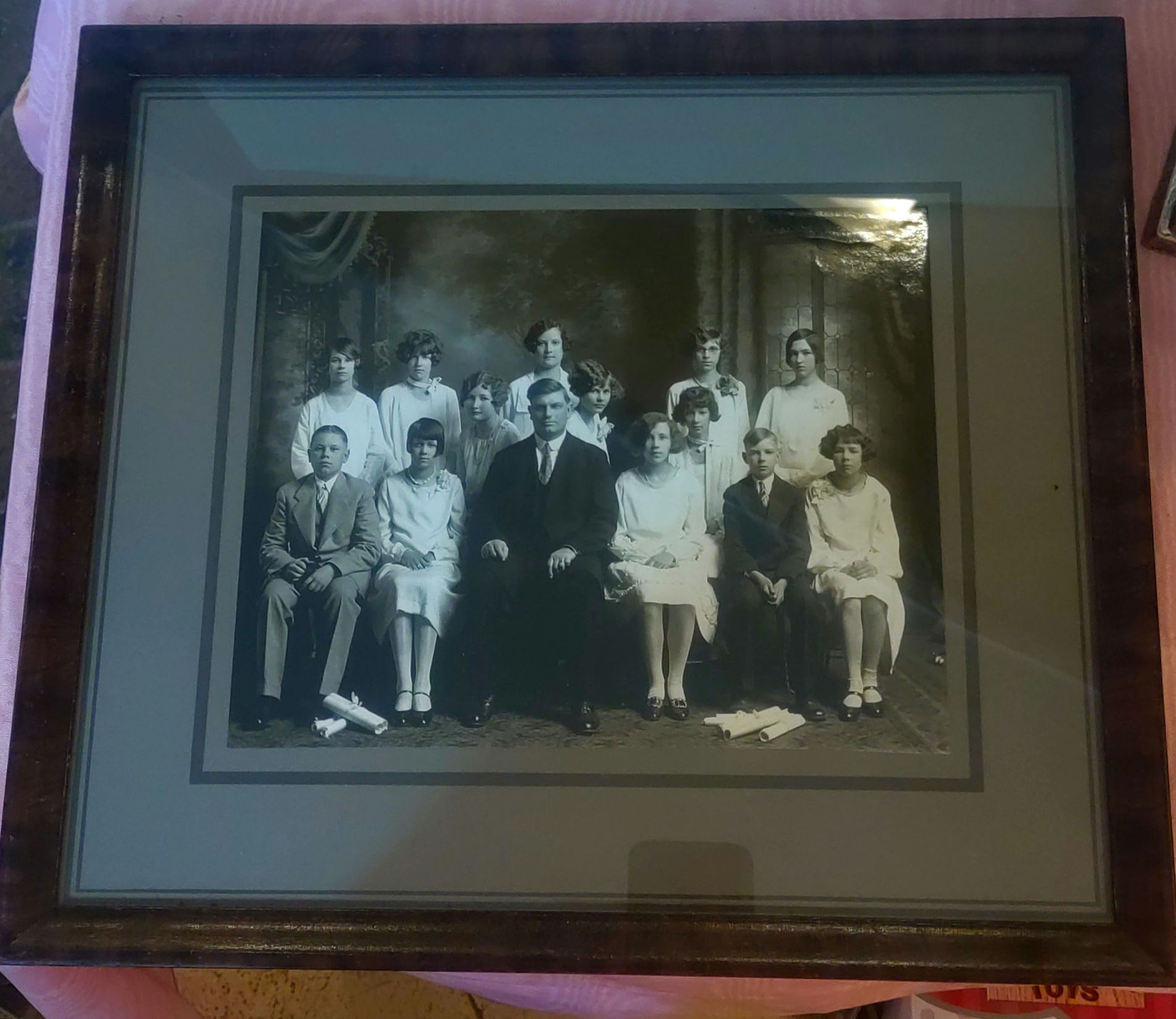 Antique Photo 1920's Graduating Class Matted Rectangular Tigerwood Frame