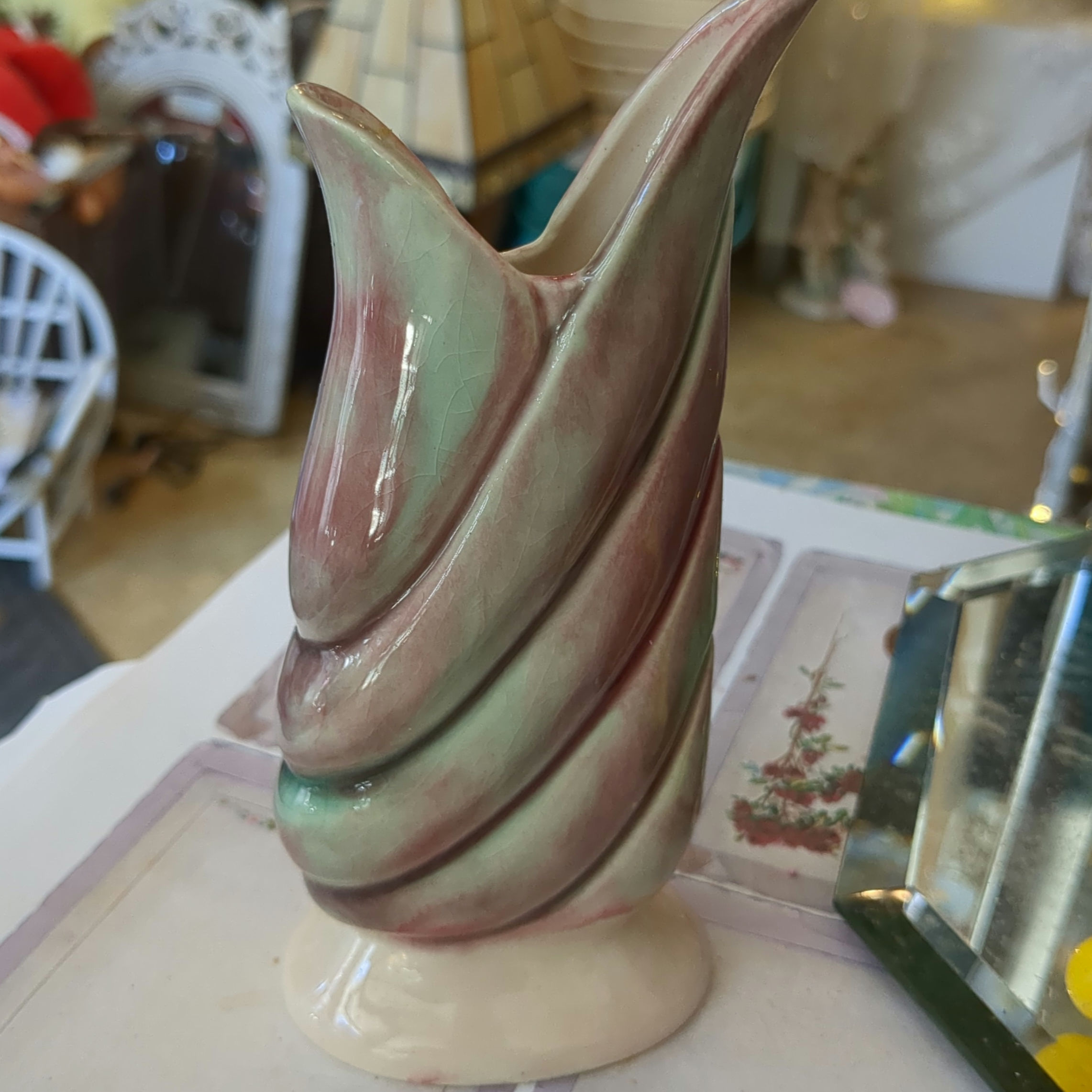 Vintage Ceramic Tulip Swirl Bud Vase Pink and Sage Green Glaze Mid-Century