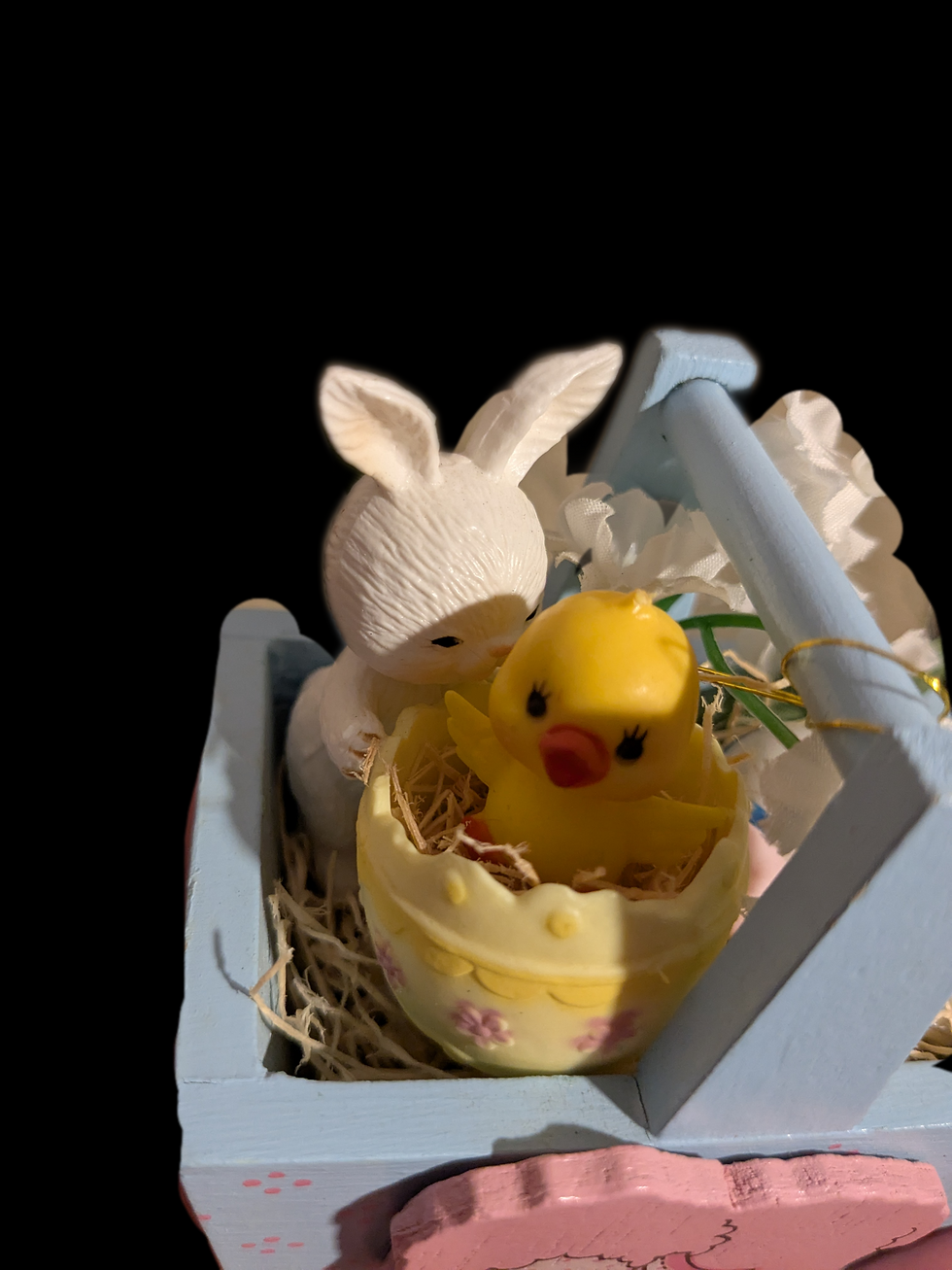 Thumbnail: Vintage Wooden Easter Bunny &  Chick w/ Blue Basket of Eggs and Pink Lamb