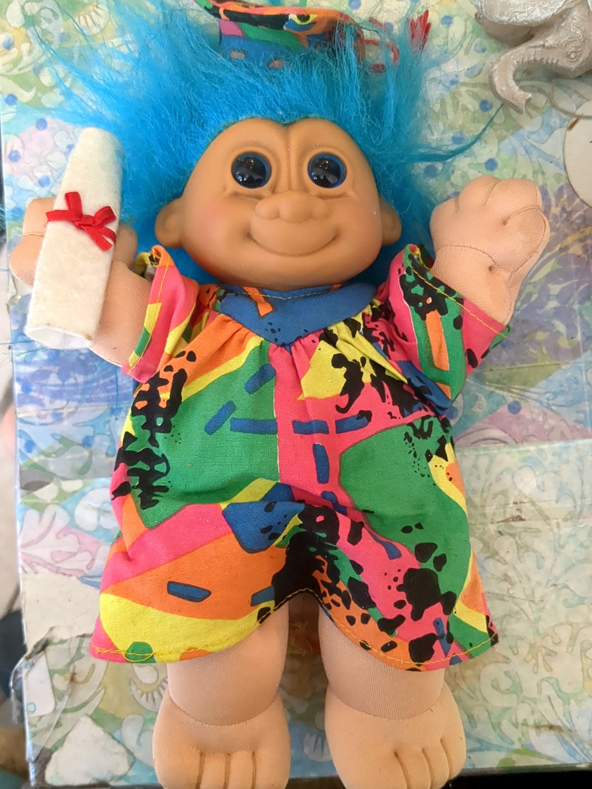 1990s Russ Berrie Soft Body Graduation Troll Doll - Blue Hair Abstract Robe