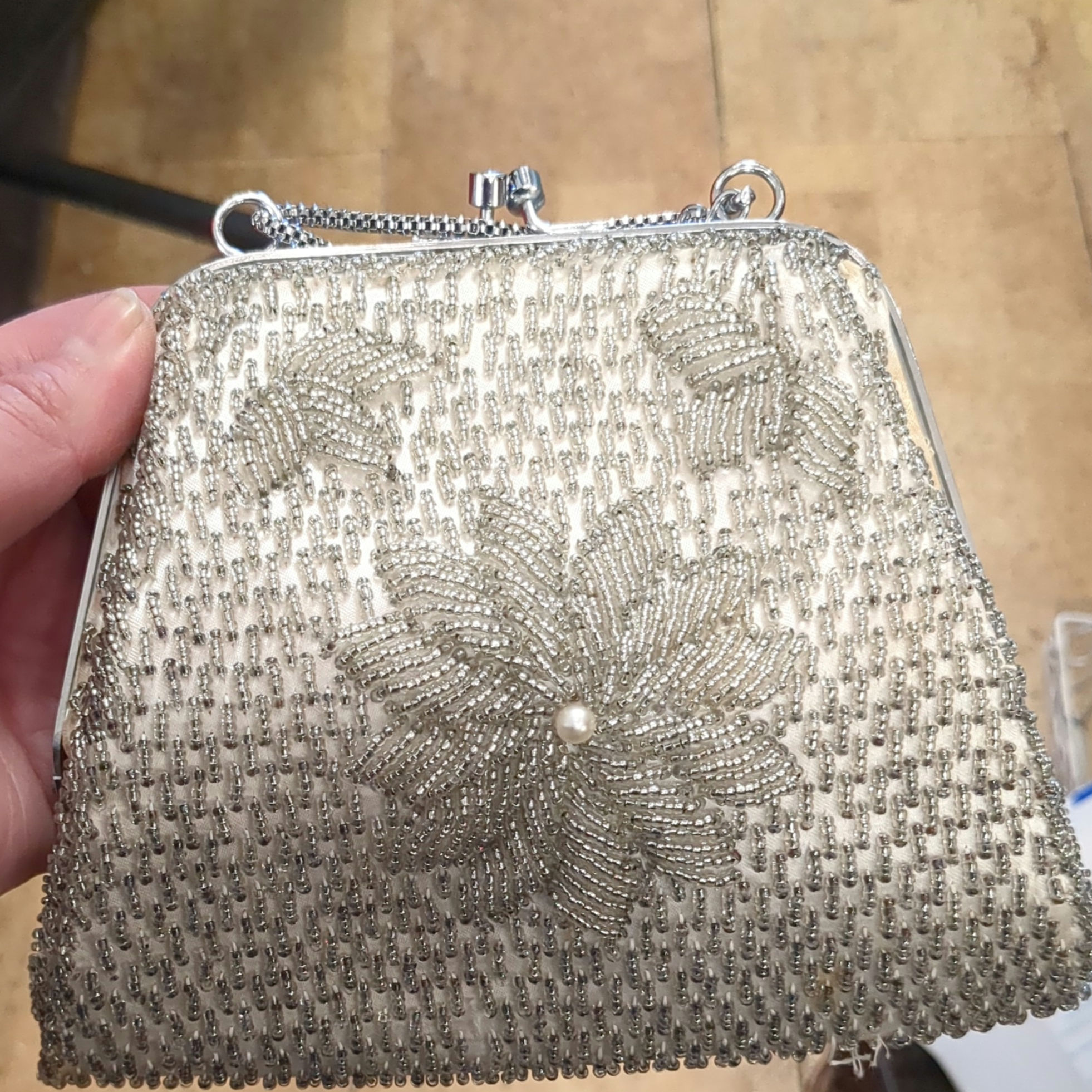 Vintage Beaded Floral Clutch - Silver Evening Bag with Faux Pearl Star