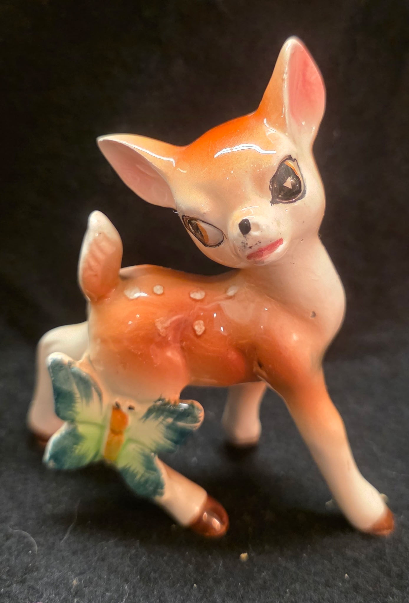 Vintage Anthropomorphic Ceramic Fawn  w/ Butterfly 1960s Deer Mid-Century Kitsch
