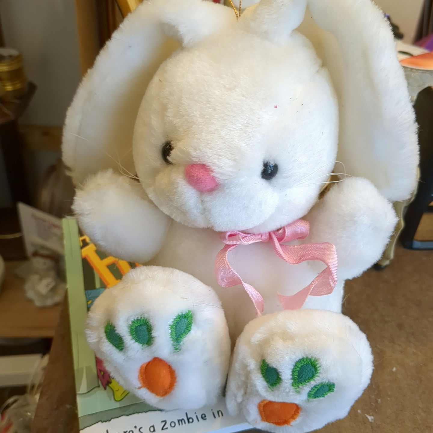 Vintage Plush Bunny with Carrot Feet Bow Stuffed Animal 8" Easter. K. B. Bros Co