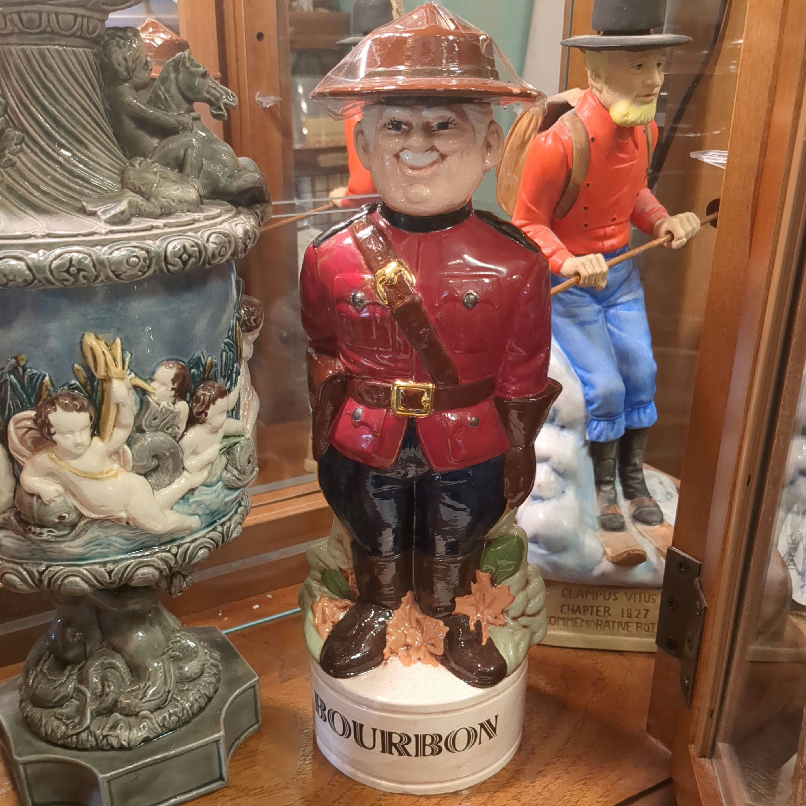 Vintage 1970s Mountie Figural Bourbon Decanter - Red Ceramic Barware