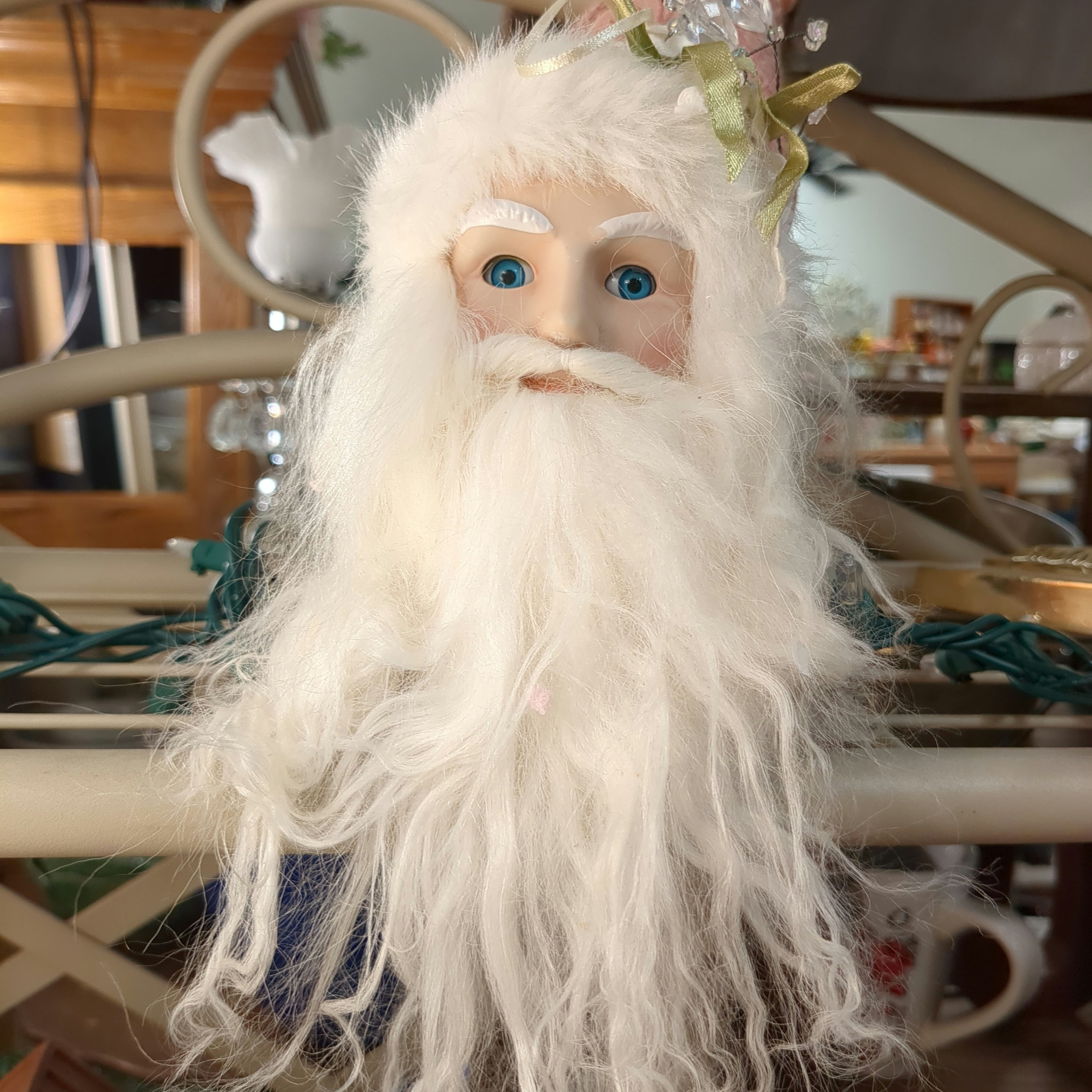 Hanging Victorian Looking Santa Claus Head w/ Pink Hat, Blue Glass Eyes,14" tall