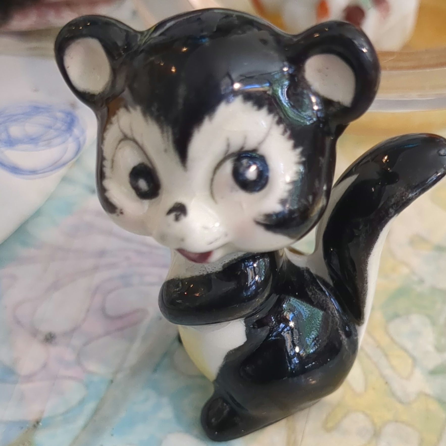 Vintage Mid-Century Miniature Skunk Figurine - High-Gloss Black & White