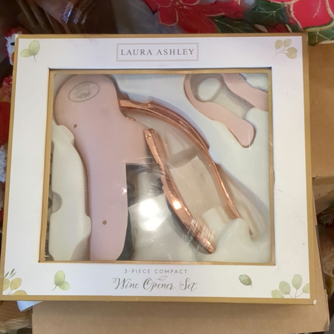 New In Box Laura Ashley Wine Opener 3 Piece Compact Set in Rose Gold Accent