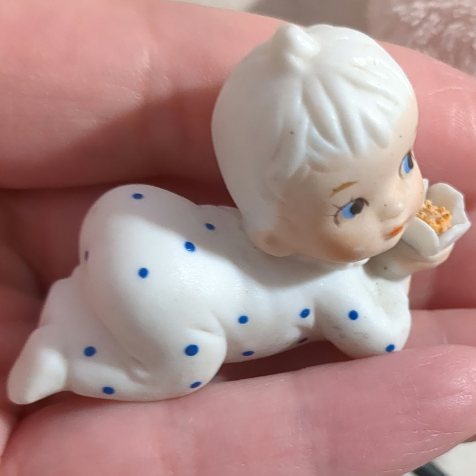Vintage Napco Bisque Miniature Bisque Porcelain Baby on Belly w/Flower