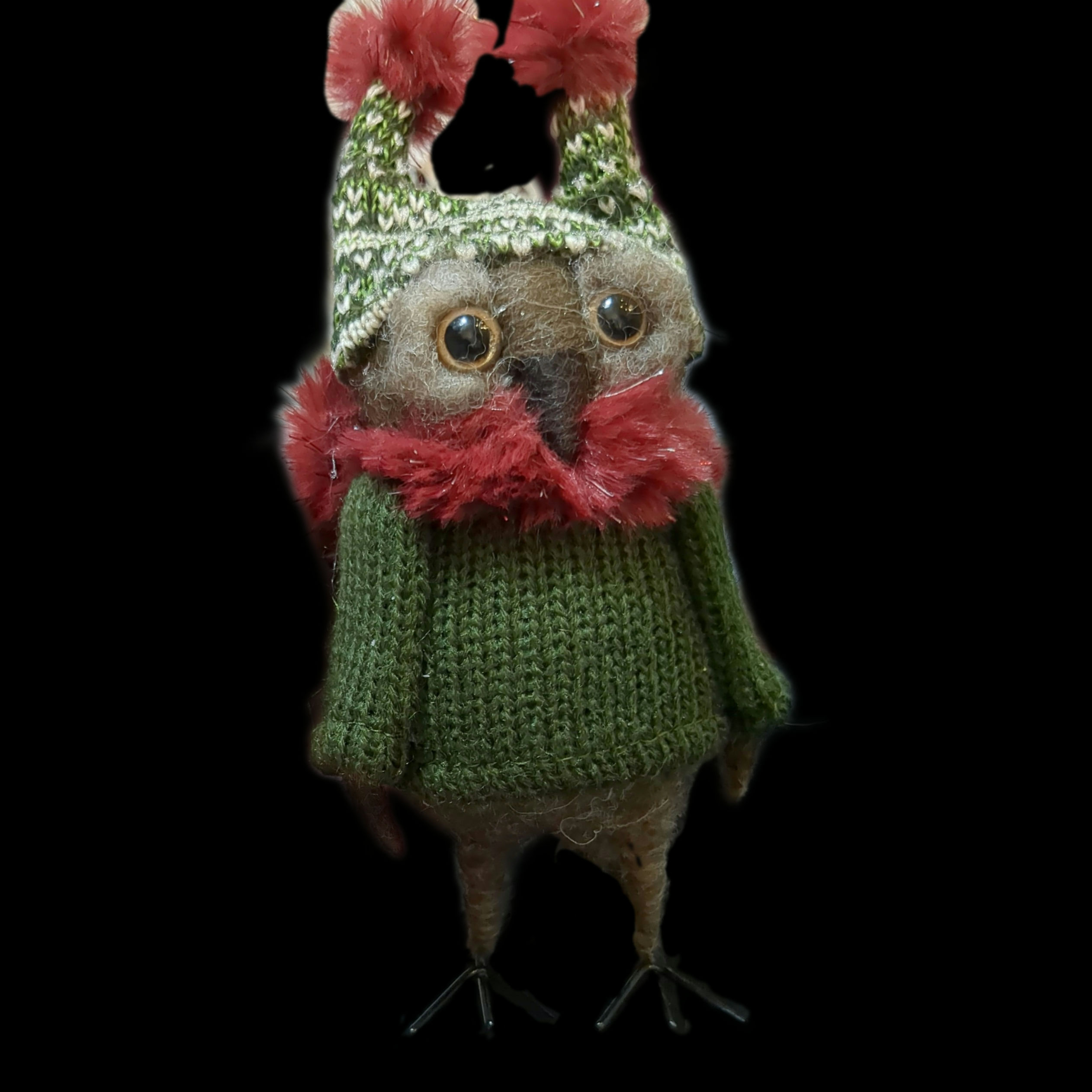 Holiday Felted Owl Dressed Sweater, Scarf, & Matching Tossel Cap 8" Tall