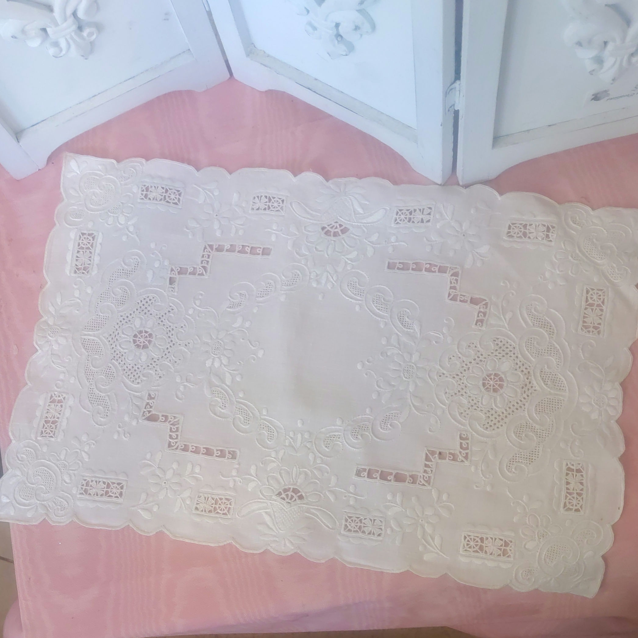 Cut and Embroidered Doily / Placemats Ivory 16 x 10.25