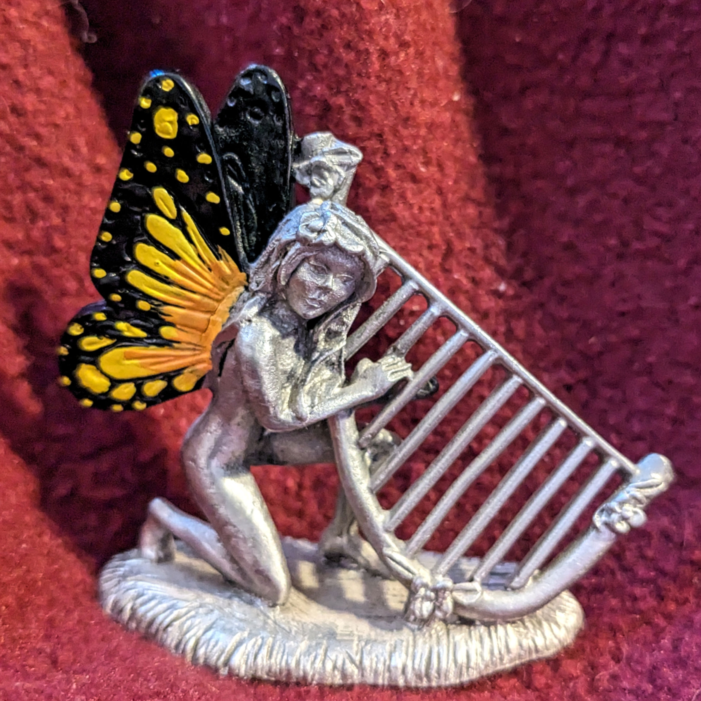 Vintage Ornate Spoontique Pewter Miniature Fairy w/ Butterfly Wings Playing Harp