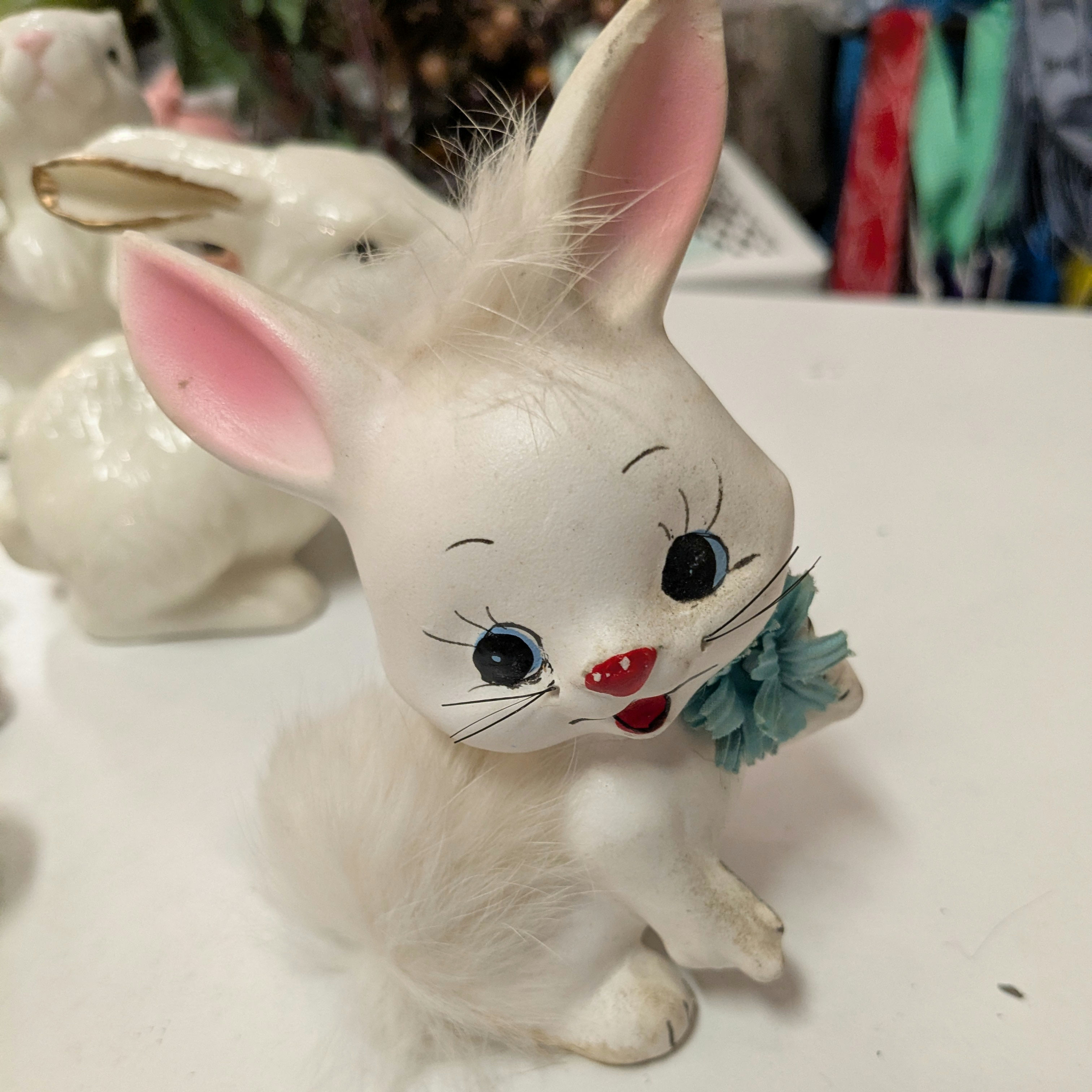 Vintage Anthropomorphic Ceramic Bunny Rabbit w/Faux Fur & Turquoise Flower JAPAN