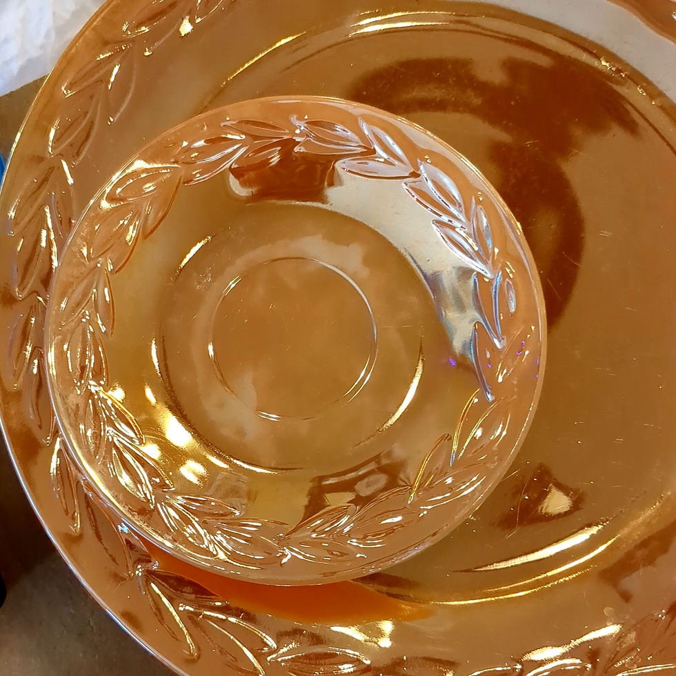 Miniatura: Set of two (2) Fire King Laurel Pattern Dinner Dishes & Saucers Peach Iridescent