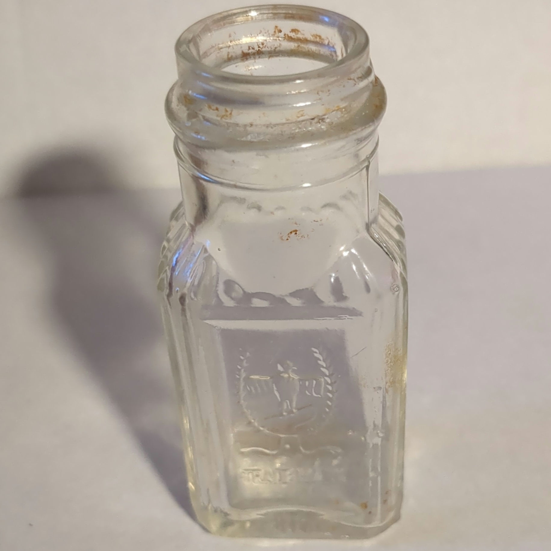 Authentic 1930s Frank Tea & Spice Co. "Dove Brand" Clear Glass Chili Powder Bott