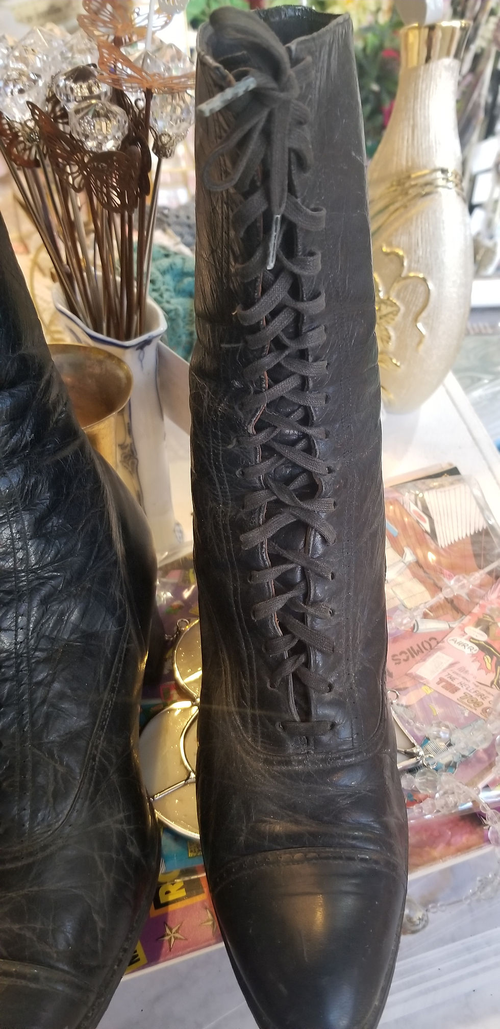 Thumbnail: Antique Victorian Style Women's Shoes - Black Leather lace-up Boots