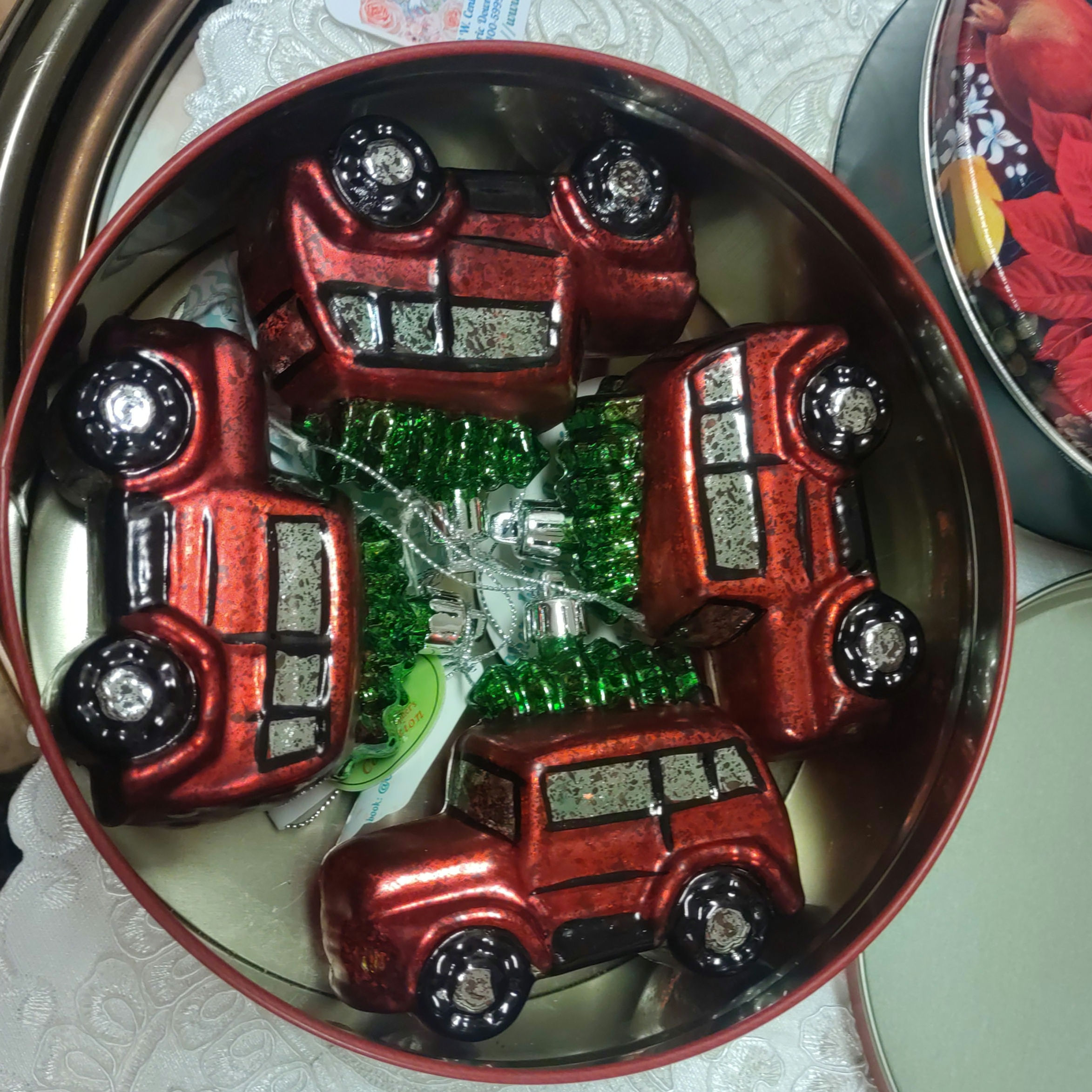 Set of Vintage Look Blown Glass Red Truck / Car w/ Green Christmas Tree On Roof
