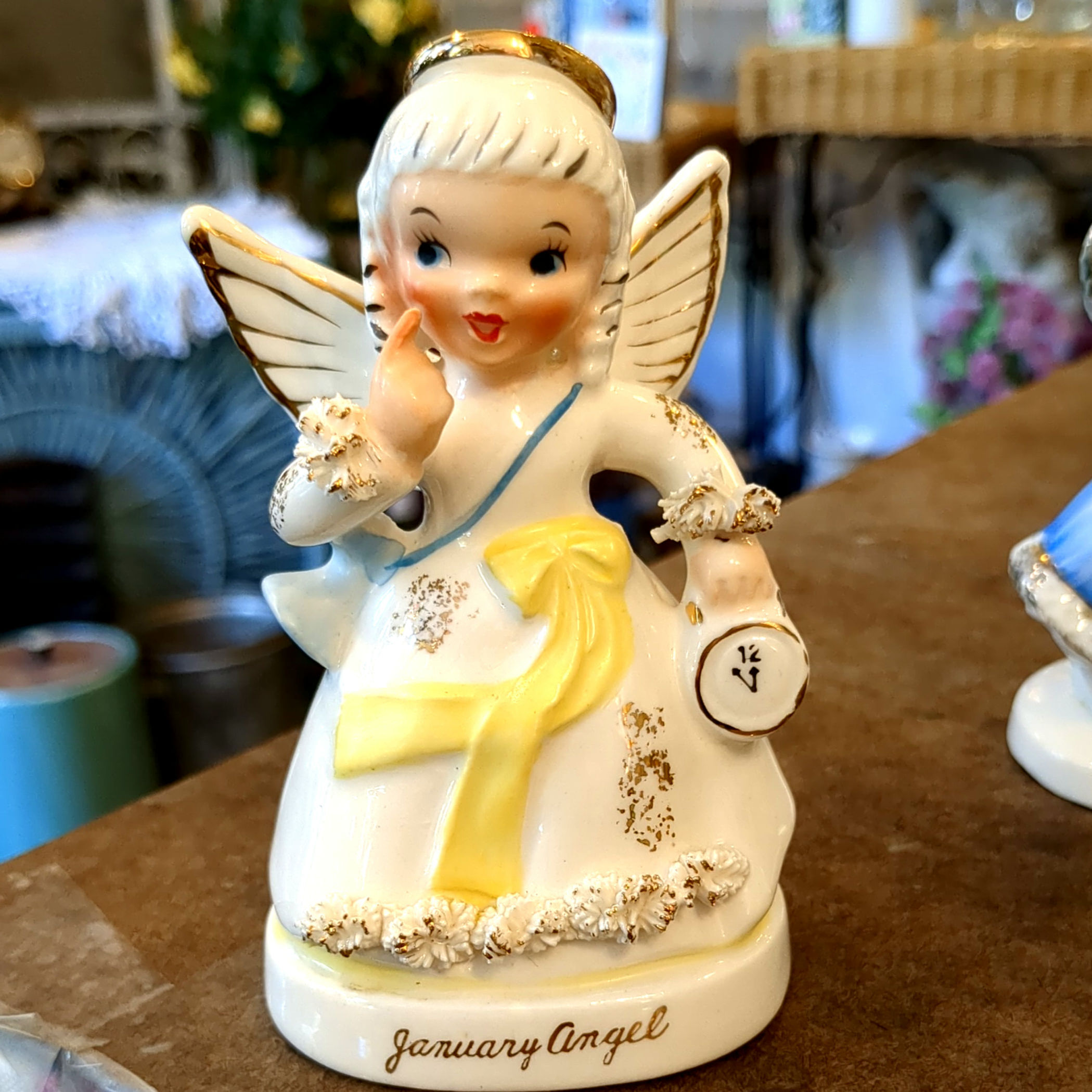 Vintage Napco January Birthday Angel Holding a Clock 4.75" tall A1361