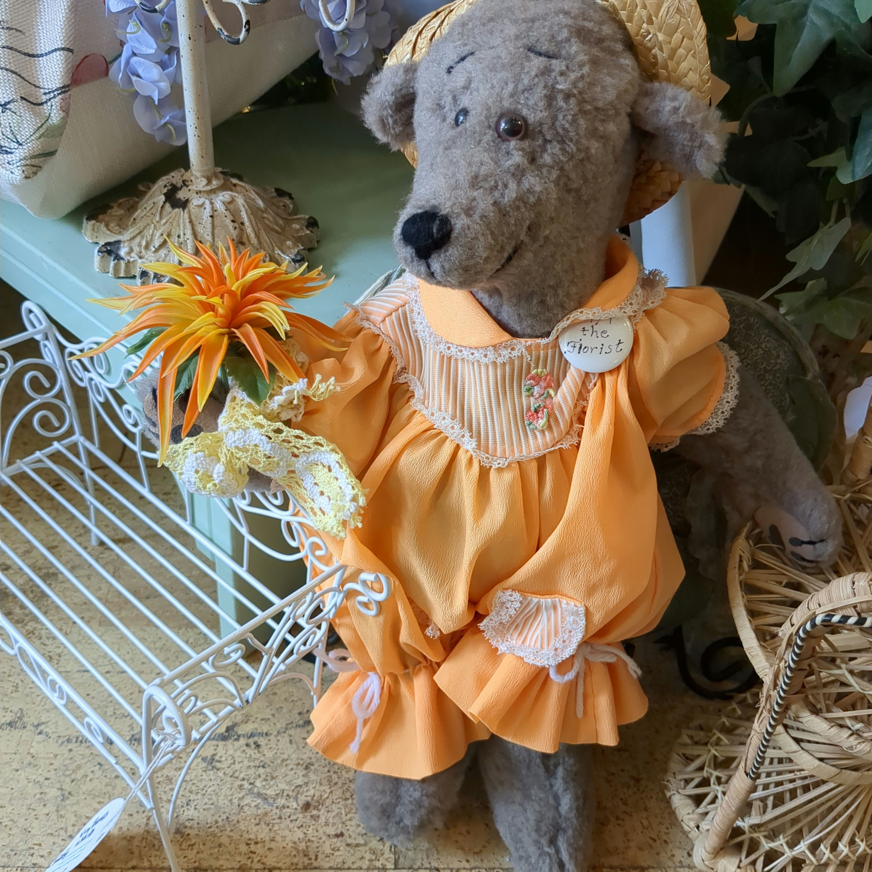 Fifi The Florist, a Long Nosed Teddy Bear w/Flowers 20 inches Top to Bottom