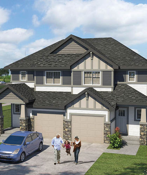 a happy family next to a house