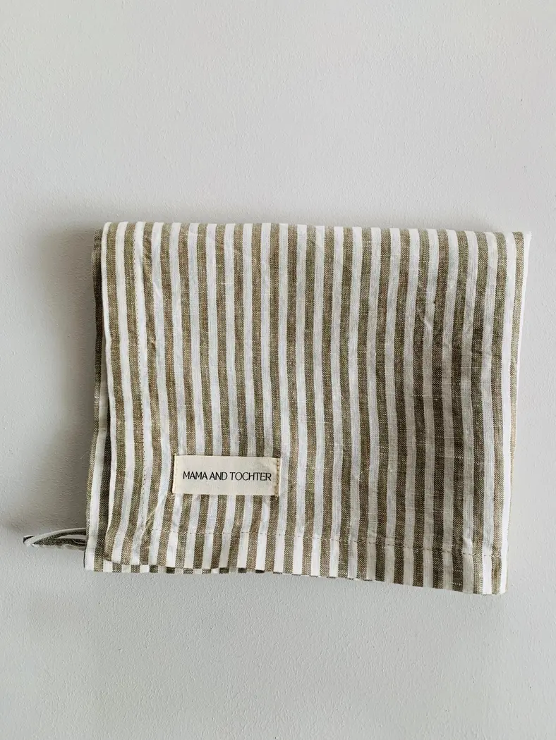 Pure French Linen Tea Towel - Olive Stripe