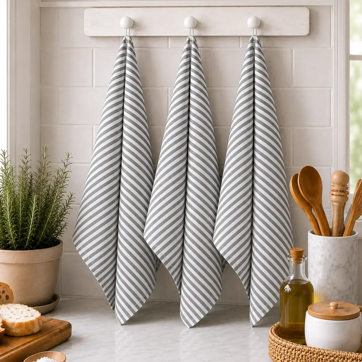 Pure French Linen Tea Towel - Slate Grey Stripe