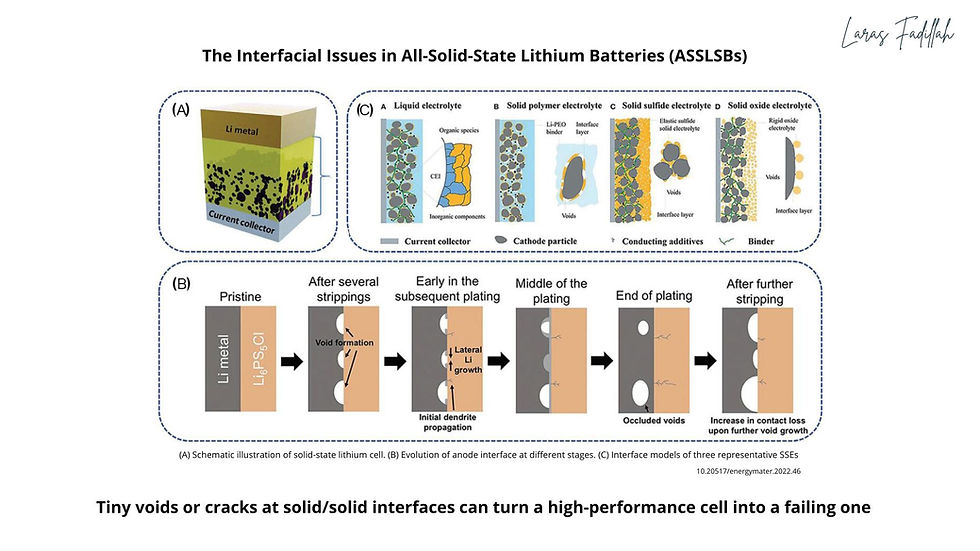 Infographic titled 'The Interfacial Issues in All-Solid-State Lithium Batteries (ASSLSBs)'. Top section shows schematic diagrams: (A) solid-state lithium cell structure with Li metal and current collector, (C) comparison of interfaces in liquid electrolyte, solid polymer electrolyte, solid sulfide electrolyte, and solid oxide electrolyte, highlighting voids and interface layers. Middle section (B) illustrates the evolution of the Li metal anode interface across stages: pristine, after several strippings (void formation), early plating (dendrite growth), middle and end of plating (occluded voids), and after further stripping (increased contact loss). Caption notes how tiny voids or cracks at solid/solid interfaces can cause cell failure. Signed 'Laras Fadillah' at top right