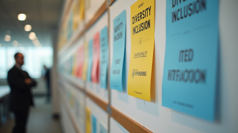 Close-up view of a workplace bulletin board with diversity and inclusion posters