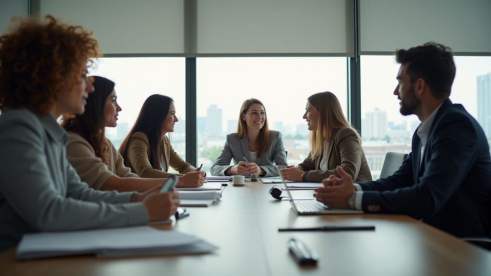 Eye-level view of a diverse team collaborating around a conference table