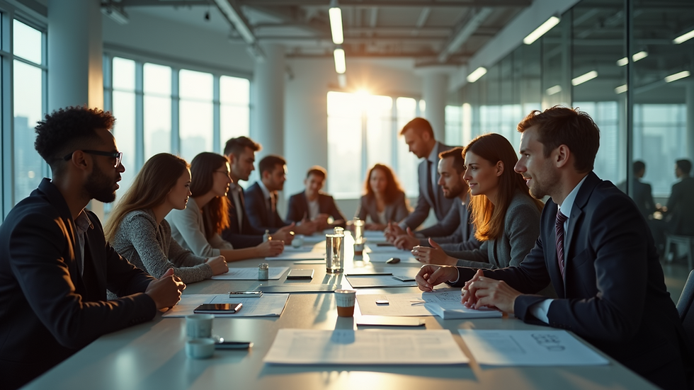 Wide-angle view of a diverse group of individuals collaborating on a project