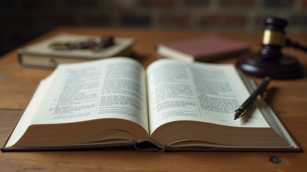 Eye-level view of an open legal book with notes and writing materials