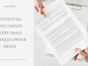 Hands holding a document over a clipboard. Text on the left reads "10 Essential Documents Every Small Business Owner Needs." Minimalist design.
