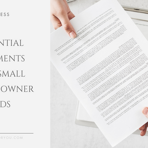 Hands holding a document over a clipboard. Text on the left reads "10 Essential Documents Every Small Business Owner Needs." Minimalist design.