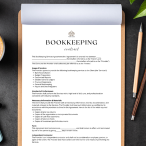 Clipboard with a bookkeeping contract sits on a black desk beside a coffee, glasses, notebook, pens, and a plant, creating a professional vibe.
