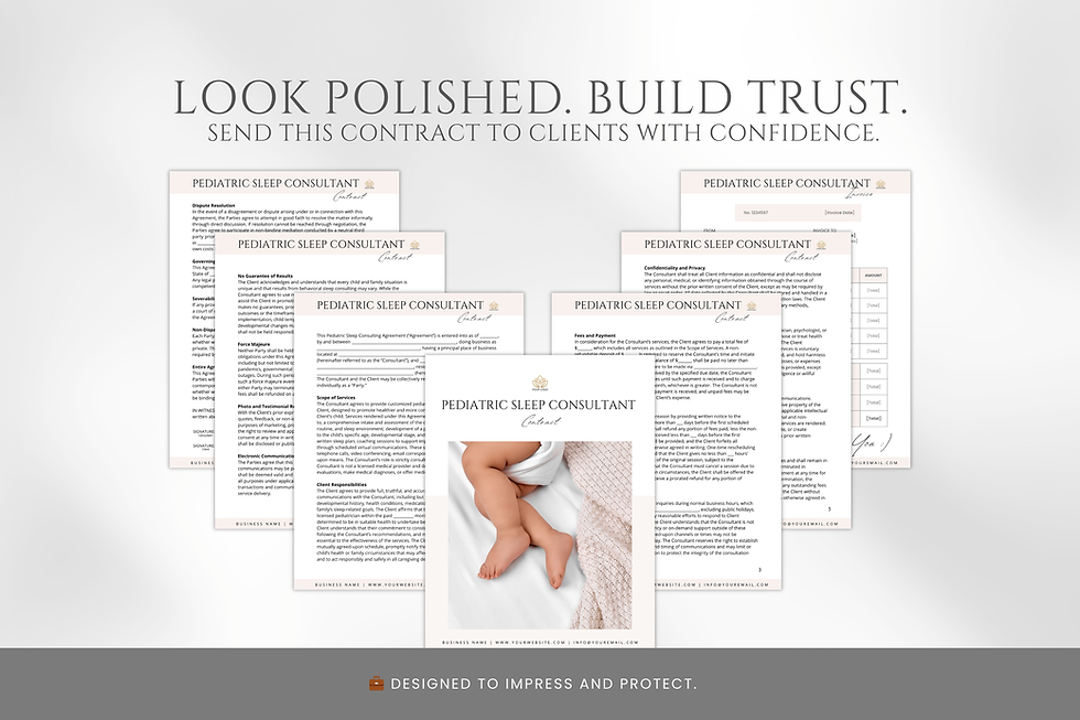 Five "Pediatric Sleep Consultant" contracts on a gray background. Text reads: "LOOK POLISHED. BUILD TRUST. DESIGNED TO IMPRESS AND PROTECT."