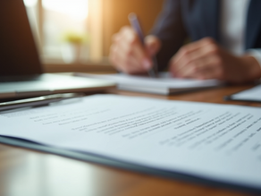 Eye-level view of an open contract on a wooden table