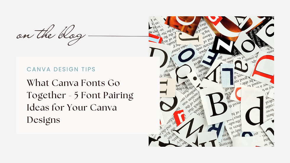 Collage of cut-out letters on the right; text on the left reads "What Canva Fonts Go Together - 5 Font Pairing Ideas for Your Canva Designs." Mood is creative.