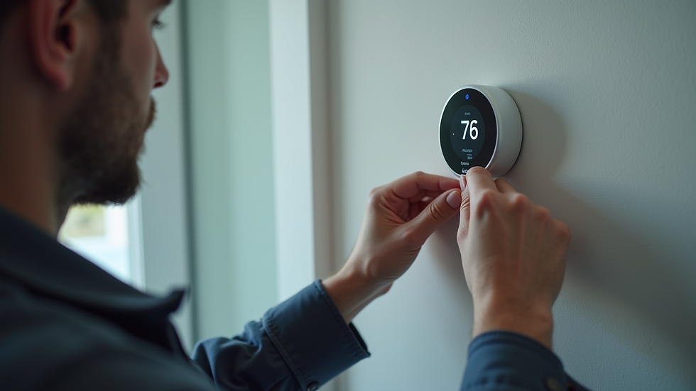 Close-up view of a technician inspecting a smart thermostat on a wall