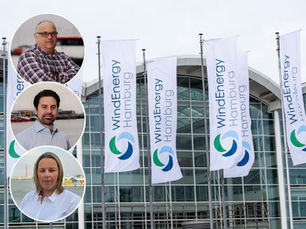 WindEnergy Hamburg exterior from the last time the event was held in 2024, with Andrew Oliver, Ben Walker and Terri Precious overlaid.