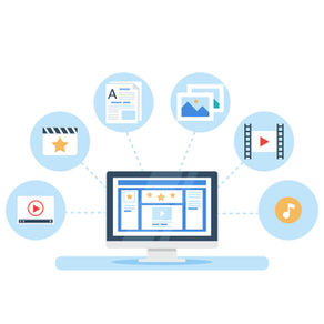 Computer screen with media icons: video, image, text, star rating, music. Blue circles connect them, suggesting digital content networking.