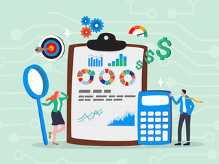 Business themed illustration with a clipboard displaying colorful charts, a target, large magnifying glass, gears, and a calculator.