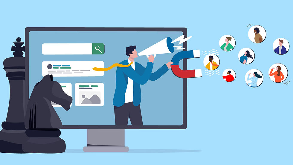 Person with megaphone and magnet emerges from a monitor attracting people icons. Chess pieces in foreground suggest strategy. Blue background.