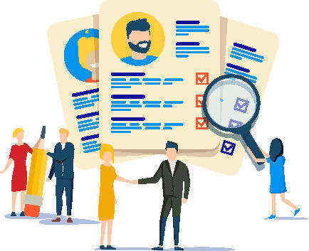 People exchanging documents, shaking hands in front of large resumes with check marks and a magnifying glass. Bright colors and formal mood.